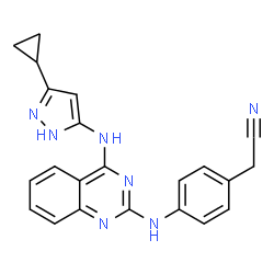 ChemSpider 2D Image | [4-({4-[(3-Cyclopropyl-1H-pyrazol-5-yl)amino]-2-quinazolinyl}amino)phenyl]acetonitrile | C22H19N7