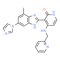 ChemSpider 2D Image | 3-[5-(1H-Imidazol-1-yl)-7-methyl-1H-benzimidazol-2-yl]-4-[(2-pyridinylmethyl)amino]-2(1H)-pyridinone | C22H19N7O