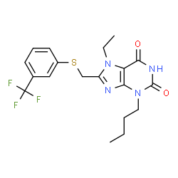 ChemSpider 2D Image | 3-Butyl-7-ethyl-8-({[3-(trifluoromethyl)phenyl]sulfanyl}methyl)-3,7-dihydro-1H-purine-2,6-dione | C19H21F3N4O2S