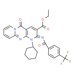 ChemSpider 2D Image | Ethyl (2Z)-1-cyclohexyl-5-oxo-2-{[4-(trifluoromethyl)benzoyl]imino}-1,5-dihydro-2H-dipyrido[1,2-a:2',3'-d]pyrimidine-3-carboxylate | C28H25F3N4O4