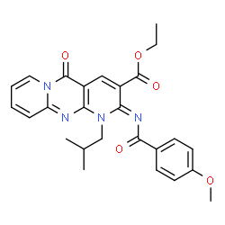 ChemSpider 2D Image | Ethyl (2Z)-1-isobutyl-2-[(4-methoxybenzoyl)imino]-5-oxo-1,5-dihydro-2H-dipyrido[1,2-a:2',3'-d]pyrimidine-3-carboxylate | C26H26N4O5