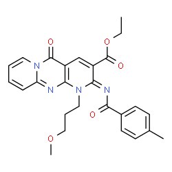 ChemSpider 2D Image | Ethyl (2Z)-1-(3-methoxypropyl)-2-[(4-methylbenzoyl)imino]-5-oxo-1,5-dihydro-2H-dipyrido[1,2-a:2',3'-d]pyrimidine-3-carboxylate | C26H26N4O5