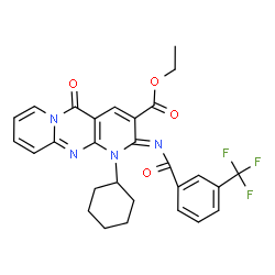 ChemSpider 2D Image | Ethyl (2Z)-1-cyclohexyl-5-oxo-2-{[3-(trifluoromethyl)benzoyl]imino}-1,5-dihydro-2H-dipyrido[1,2-a:2',3'-d]pyrimidine-3-carboxylate | C28H25F3N4O4