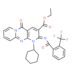 ChemSpider 2D Image | Ethyl (2Z)-1-cyclohexyl-5-oxo-2-{[2-(trifluoromethyl)benzoyl]imino}-1,5-dihydro-2H-dipyrido[1,2-a:2',3'-d]pyrimidine-3-carboxylate | C28H25F3N4O4