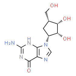 ChemSpider 2D Image | 2-Amino-9-[(1R,2R,3S,4R)-2,3-dihydroxy-4-(hydroxymethyl)cyclopentyl]-3,9-dihydro-6H-purin-6-one | C11H15N5O4