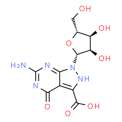 ChemSpider 2D Image | 6-Amino-4-oxo-1-(beta-D-ribofuranosyl)-2,4-dihydro-1H-pyrazolo[3,4-d]pyrimidine-3-carboxylic acid | C11H13N5O7