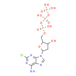 ChemSpider 2D Image | 2-Chloro-9-[2-deoxy-5-O-(hydroxy{[hydroxy(phosphonooxy)phosphoryl]oxy}phosphoryl)pentofuranosyl]-9H-purin-6-amine | C10H15ClN5O12P3
