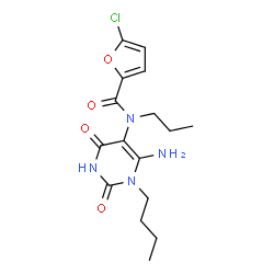 ChemSpider 2D Image | N-(6-Amino-1-butyl-2,4-dioxo-1,2,3,4-tetrahydro-5-pyrimidinyl)-5-chloro-N-propyl-2-furamide | C16H21ClN4O4
