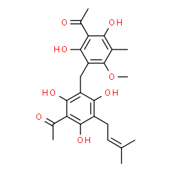 ChemSpider 2D Image | 1-[3-(3-Acetyl-2,4-dihydroxy-6-methoxy-5-methylbenzyl)-2,4,6-trihydroxy-5-(3-methyl-2-buten-1-yl)phenyl]ethanone | C24H28O8