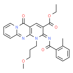 ChemSpider 2D Image | Ethyl (2Z)-1-(3-methoxypropyl)-2-[(2-methylbenzoyl)imino]-5-oxo-1,5-dihydro-2H-dipyrido[1,2-a:2',3'-d]pyrimidine-3-carboxylate | C26H26N4O5