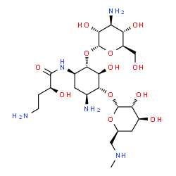 ChemSpider 2D Image | (2S)-4-Amino-N-[(1R,2S,3S,4R,5S)-5-amino-2-[(3-amino-3-deoxy-alpha-D-glucopyranosyl)oxy]-4-{[4,6-dideoxy-6-(methylamino)-alpha-D-xylo-hexopyranosyl]oxy}-3-hydroxycyclohexyl]-2-hydroxybutanamide | C23H45N5O12