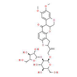 ChemSpider 2D Image | 2-(8,9-Dimethoxy-6-oxo-1,2,6,6a,12,12a-hexahydrochromeno[3,4-b]furo[2,3-h]chromen-2-yl)-2-propen-1-yl 2-O-beta-D-arabinofuranosyl-alpha-D-glucopyranoside | C34H40O16