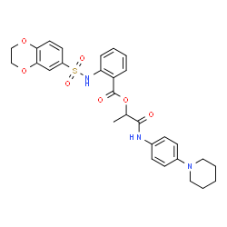 ChemSpider 2D Image | 1-Oxo-1-{[4-(1-piperidinyl)phenyl]amino}-2-propanyl 2-[(2,3-dihydro-1,4-benzodioxin-6-ylsulfonyl)amino]benzoate | C29H31N3O7S