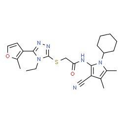 ChemSpider 2D Image | N-(3-Cyano-1-cyclohexyl-4,5-dimethyl-1H-pyrrol-2-yl)-2-{[4-ethyl-5-(2-methyl-3-furyl)-4H-1,2,4-triazol-3-yl]sulfanyl}acetamide | C24H30N6O2S