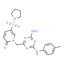 ChemSpider 2D Image | 1-({4-Amino-6-[(4-methylphenyl)amino]-1,3,5-triazin-2-yl}methyl)-5-(1-pyrrolidinylsulfonyl)-2(1H)-pyridinone | C20H23N7O3S