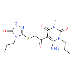 ChemSpider 2D Image | 6-Amino-3-methyl-5-{[(5-oxo-4-propyl-4,5-dihydro-1H-1,2,4-triazol-3-yl)sulfanyl]acetyl}-1-propyl-2,4(1H,3H)-pyrimidinedione | C15H22N6O4S