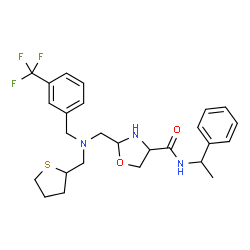ChemSpider 2D Image | N-(1-Phenylethyl)-2-({(tetrahydro-2-thiophenylmethyl)[3-(trifluoromethyl)benzyl]amino}methyl)-1,3-oxazolidine-4-carboxamide | C26H32F3N3O2S