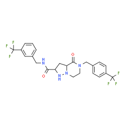 ChemSpider 2D Image | 4-Oxo-N-[3-(trifluoromethyl)benzyl]-5-[4-(trifluoromethyl)benzyl]octahydropyrazolo[1,5-a]pyrazine-2-carboxamide | C23H22F6N4O2