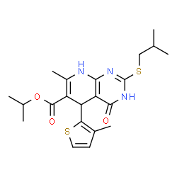ChemSpider 2D Image | Isopropyl 2-(isobutylsulfanyl)-7-methyl-5-(3-methyl-2-thienyl)-4-oxo-1,4,5,8-tetrahydropyrido[2,3-d]pyrimidine-6-carboxylate | C21H27N3O3S2