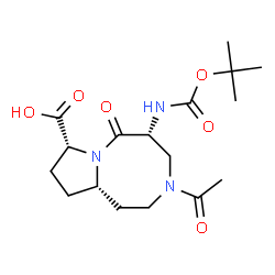 ChemSpider 2D Image | (5R,8R,10aS)-3-Acetyl-5-({[(2-methyl-2-propanyl)oxy]carbonyl}amino)-6-oxodecahydropyrrolo[1,2-a][1,5]diazocine-8-carboxylic acid | C17H27N3O6