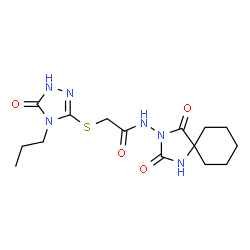 ChemSpider 2D Image | N-(2,4-Dioxo-1,3-diazaspiro[4.5]dec-3-yl)-2-[(5-oxo-4-propyl-4,5-dihydro-1H-1,2,4-triazol-3-yl)sulfanyl]acetamide | C15H22N6O4S