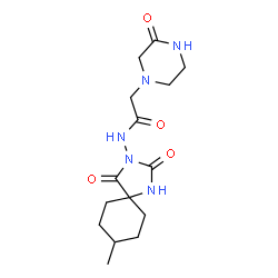 ChemSpider 2D Image | N-(8-Methyl-2,4-dioxo-1,3-diazaspiro[4.5]dec-3-yl)-2-(3-oxo-1-piperazinyl)acetamide | C15H23N5O4