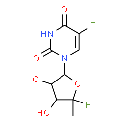 ChemSpider 2D Image | 5-Fluoro-1-(5-fluoro-3,4-dihydroxy-5-methyltetrahydro-2-furanyl)-2,4(1H,3H)-pyrimidinedione | C9H10F2N2O5