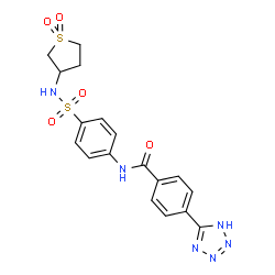 ChemSpider 2D Image | N-{4-[(1,1-Dioxidotetrahydro-3-thiophenyl)sulfamoyl]phenyl}-4-(1H-tetrazol-5-yl)benzamide | C18H18N6O5S2