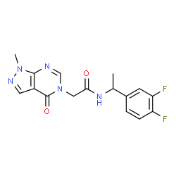 ChemSpider 2D Image | N-[1-(3,4-Difluorophenyl)ethyl]-2-(1-methyl-4-oxo-1,4-dihydro-5H-pyrazolo[3,4-d]pyrimidin-5-yl)acetamide | C16H15F2N5O2
