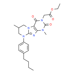 ChemSpider 2D Image | Ethyl [9-(4-butylphenyl)-1,7-dimethyl-2,4-dioxo-1,4,6,7,8,9-hexahydropyrimido[2,1-f]purin-3(2H)-yl]acetate | C24H31N5O4