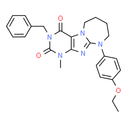 ChemSpider 2D Image | 3-Benzyl-10-(4-ethoxyphenyl)-1-methyl-7,8,9,10-tetrahydro-1H-[1,3]diazepino[2,1-f]purine-2,4(3H,6H)-dione | C25H27N5O3