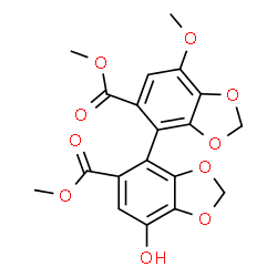 ChemSpider 2D Image | Dimethyl 7-hydroxy-7'-methoxy-4,4'-bi-1,3-benzodioxole-5,5'-dicarboxylate | C19H16O10