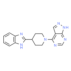 ChemSpider 2D Image | 4-[4-(1H-Benzimidazol-2-yl)-1-piperidinyl]-1H-pyrazolo[3,4-d]pyrimidine | C17H17N7