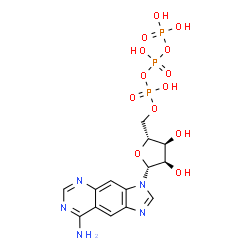 ChemSpider 2D Image | 3-[5-O-(Hydroxy{[hydroxy(phosphonooxy)phosphoryl]oxy}phosphoryl)-beta-D-ribofuranosyl]-3H-imidazo[4,5-g]quinazolin-8-amine | C14H18N5O13P3