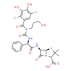ChemSpider 2D Image | (2S,5R,6R)-6-{[(2R)-2-{[(2,5-Dichloro-3,4-dihydroxybenzoyl)(3-hydroxypropyl)carbamoyl]amino}-2-phenylacetyl]amino}-3,3-dimethyl-7-oxo-4-thia-1-azabicyclo[3.2.0]heptane-2-carboxylic acid | C27H28Cl2N4O9S