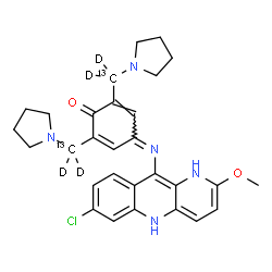ChemSpider 2D Image | 4-[(7-Chloro-2-methoxy-1,5-dihydrobenzo[b][1,5]naphthyridin-10-yl)imino]-2,6-bis[1-pyrrolidinyl(~13~C,~2~H_2_)methyl]-2,5-cyclohexadien-1-one | C2713C2H28D4ClN5O2