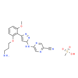 ChemSpider 2D Image | 5-({5-[2-(3-Aminopropoxy)-6-methoxyphenyl]-3H-pyrazol-3-yl}amino)-2-pyrazinecarbonitrile methanesulfonate (1:1) | C19H23N7O5S