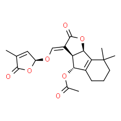 ChemSpider 2D Image | (3E,3aR,4R,8bR)-8,8-Dimethyl-3-({[(2S)-4-methyl-5-oxo-2,5-dihydro-2-furanyl]oxy}methylene)-2-oxo-3,3a,4,5,6,7,8,8b-octahydro-2H-indeno[1,2-b]furan-4-yl acetate | C21H24O7