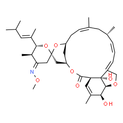 ChemSpider 2D Image | (1'R,2S,4E,4'R,5R,6R,8'S,10'Z,13'S,14'Z,20'S,21'S,24'R)-21',24'-Dihydroxy-4-(methoxyimino)-5,11',13',22'-tetramethyl-6-[(2E)-4-methyl-2-penten-2-yl]-3,4,5,6-tetrahydro-2'H-spiro[pyran-2,6'-[3,7,19]tri
oxatetracyclo[15.6.1.1~4,8~.0~20,24~]pentacosa[10,14,16,22]tetraen]-2'-one | C37H53NO8