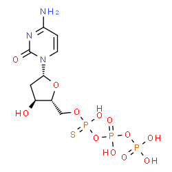 ChemSpider 2D Image | 2'-Deoxy-5'-O-(hydroxy{[hydroxy(phosphonooxy)phosphoryl]oxy}phosphorothioyl)cytidine | C9H16N3O12P3S