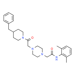 ChemSpider 2D Image | 2-{4-[2-(4-Benzyl-1-piperidinyl)-2-oxoethyl]-1-piperazinyl}-N-(2,6-dimethylphenyl)acetamide | C28H38N4O2