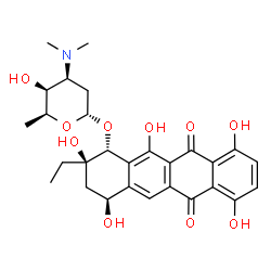 ChemSpider 2D Image | (1R,2R,4S)-2-Ethyl-2,4,7,10,12-pentahydroxy-6,11-dioxo-1,2,3,4,6,11-hexahydro-1-tetracenyl 2,3,6-trideoxy-3-(dimethylamino)-alpha-L-lyxo-hexopyranoside | C28H33NO10