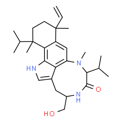 ChemSpider 2D Image | 4-(Hydroxymethyl)-7,13-diisopropyl-8,10,13-trimethyl-10-vinyl-1,3,4,5,7,8,10,11,12,13-decahydro-6H-benzo[g][1,4]diazonino[7,6,5-cd]indol-6-one | C28H41N3O2