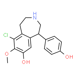 ChemSpider 2D Image | 9-Chloro-5-(4-hydroxyphenyl)-8-methoxy-2,3,4,5-tetrahydro-1H-3-benzazepin-7-ol | C17H18ClNO3