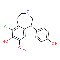ChemSpider 2D Image | 6-Chloro-1-(4-hydroxyphenyl)-8-methoxy-2,3,4,5-tetrahydro-1H-3-benzazepin-7-ol | C17H18ClNO3