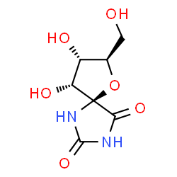 ChemSpider 2D Image | (5S,7R,8S,9R)-8,9-Dihydroxy-7-(hydroxymethyl)-6-oxa-1,3-diazaspiro[4.4]nonane-2,4-dione | C7H10N2O6