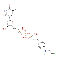 ChemSpider 2D Image | 5'-O-[{[{[({4-[(2-Chloroethyl)(methyl)amino]benzyl}amino)(hydroxy)phosphoryl]oxy}(hydroxy)phosphoryl]oxy}(hydroxy)phosphoryl]thymidine | C20H30ClN4O13P3