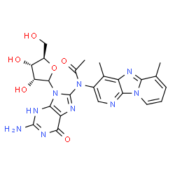 ChemSpider 2D Image | 8-[Acetyl(4,6-dimethylpyrido[3',2':4,5]imidazo[1,2-a]pyridin-3-yl)amino]-2-amino-9-(D-ribofuranosyl)-3,9-dihydro-6H-purin-6-one | C24H25N9O6