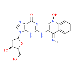 ChemSpider 2D Image | 9-(2-Deoxy-D-erythro-pentofuranosyl)-2-{[(4E)-1-hydroxy-4-imino-1,4-dihydro-3-quinolinyl]amino}-3,9-dihydro-6H-purin-6-one | C19H19N7O5