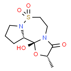 ChemSpider 2D Image | (2S,11aS,11bR)-11b-Hydroxy-2-methylhexahydro-9H-[1,3]oxazolo[2,3-d]pyrrolo[1,2-b][1,2,5]thiadiazepin-3(2H)-one 7,7-dioxide | C10H16N2O5S